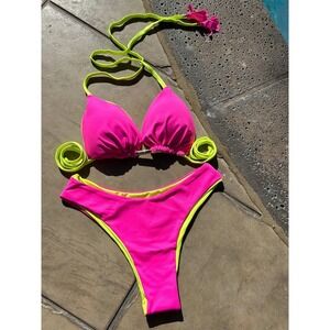 Lubyswim Gina Pink and Yellow Handmade Brazilian Swimsuit Set